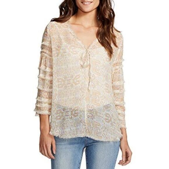 William Rast Haley Tie Front Printed Peasant Blouse Shear Women's Size Large.Ar - Picture 2 of 7